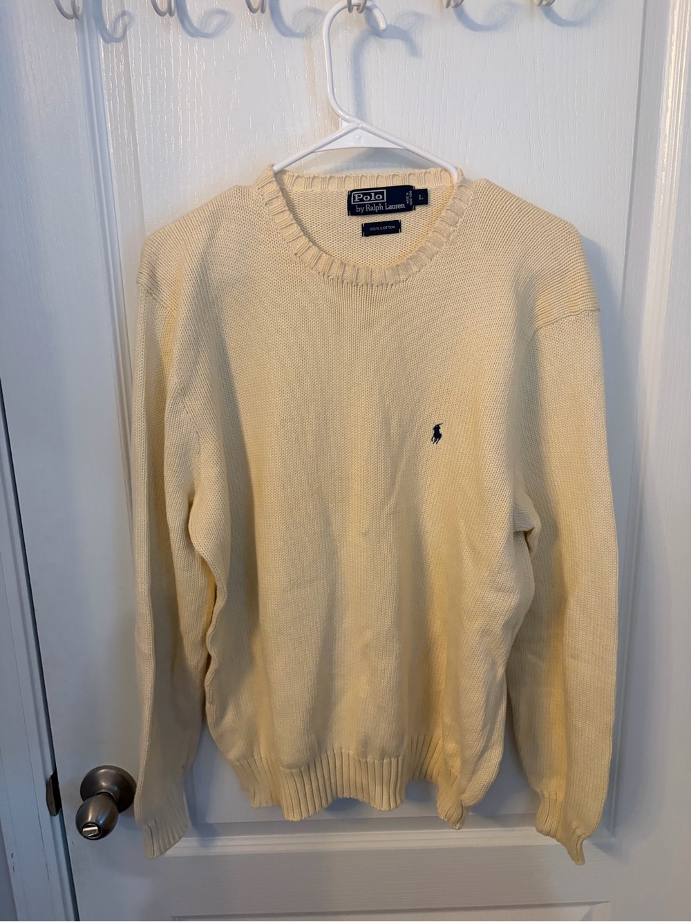 Vintage 1980’s Ralph Lauren Men’s Light Cream Crewneck Sweater with Navy Pony